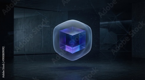 Abstract digital security concept with protected data cube and shield