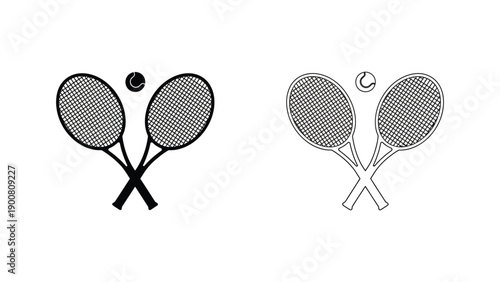 A pair of tennis rackets and balls in black and white illustration