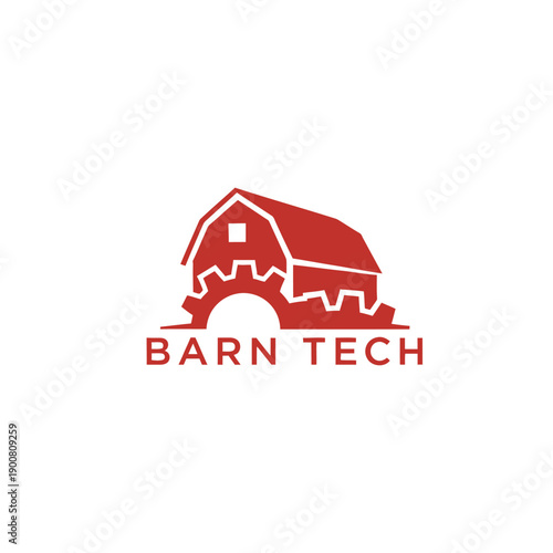 Red barn combined with a mechanical gear icon representing agricultural innovation and smart farming solutions logo design for BARN TECH