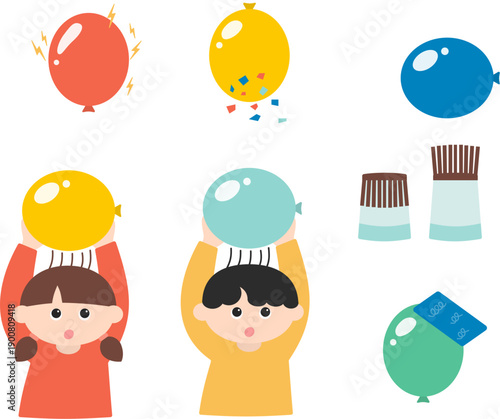 Static Electricity Balloon Experiment for Kids, Children Science Play Illustration Set with Cute Characters