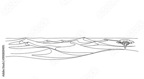 Desert landscape line art with tree, vector
