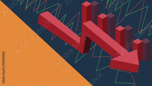 3D red downward arrow and falling bar charts on dark background representing financial crisis.