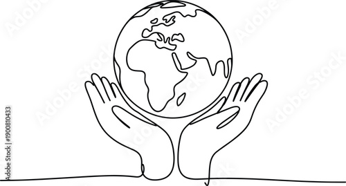 Minimal line art illustration of hands holding Earth globe symbolizing environmental protection, sustainability, global responsibility, ecology awareness, climate action, and human care