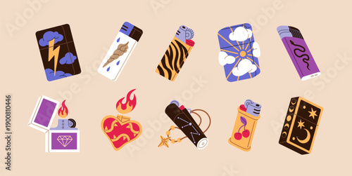 Set of different fluid gas and disposable lighters. Metal and plastic accessories for smoking with burning flames. Various equipment to ignite cigarettes and fire. Flat isolated vector illustrations