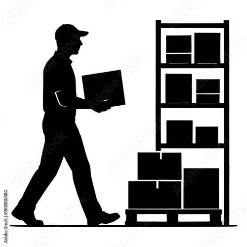 A silhouette of a person carrying a box in front of a storage shelf filled with boxes