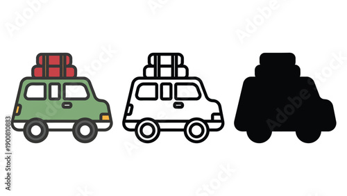 Three cartoon cars with luggage on top in different colors and styles