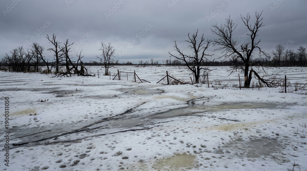 custom made wallpaper toronto digitalA desolate winter landscape with patches of melting snow, ice, bare trees, and a broken wire fence. Feeling of abandonment and the harshness of the cold season.