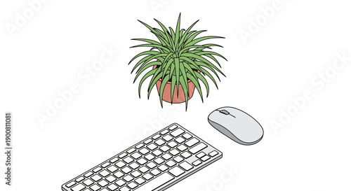 Home Office Flat Lay Vector: Computer Keyboard, Mouse, and Indoor Plant Illustration on White Background