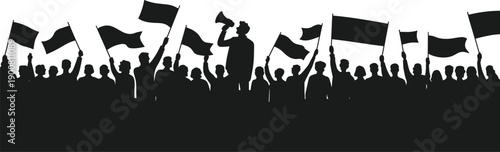 Silhouette crowd of protesters waving flags with leader using megaphone, political demonstration concept, activism, freedom, public rally, social movement isolated on white background