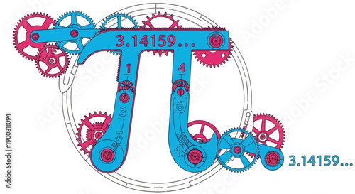Mechanical Pi Symbol Illustration. Gears, Cogs, and Clockwork Mechanism Calculating the Infinite Constant 3.14159.