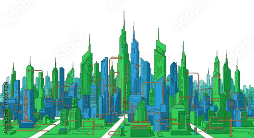 Smart City Digital Skyline Illustration. Connected Urban Landscape with PCB Architecture and Technology Infrastructure.