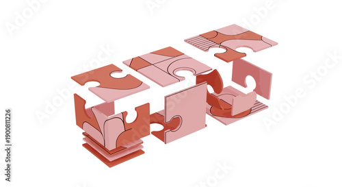 Abstract 3D Exploded Puzzle Cube Structure. Modern Geometric Pieces in Pink and Terracotta Isolated on White. Concept of Solution, Assembly, and Strategy.