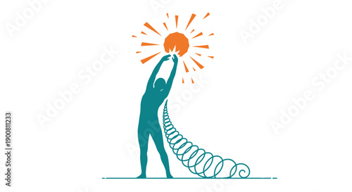 Energetic Flexibility: Person with Spring Spine Reaching for the Sun, Health and Wellness Vector Icon