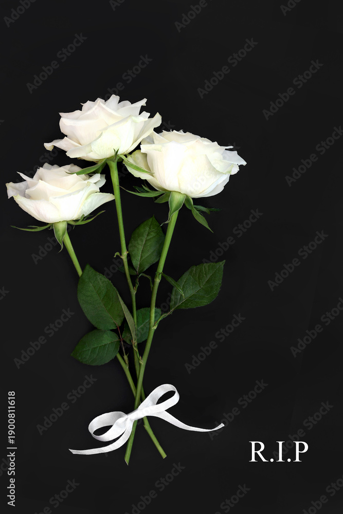 Fototapeta premium Rest in peace white rose flower bouquet memorial tribute on dark gray background. Remembrance floral design for funeral invitation in sympathy card with abbreviated R.I.P. text.