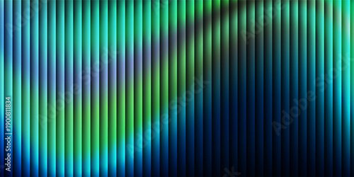 Reeded glass gradient surface, futuristic panel with vertical prism distortion. Dark abstract field infused with fractal texture in neon teal and green tones, vector illustratio