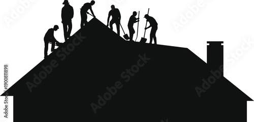 Silhouette of roofing workers repairing residential house roof, construction labor team on rooftop, home renovation concept, teamwork, safety, and building industry illustration