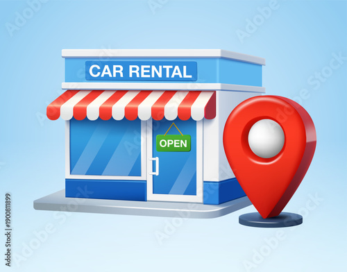 Car rental storefront with open sign and red location pin, concept for local booking, travel service, car hire location and business navigation. 3d vector illustration.