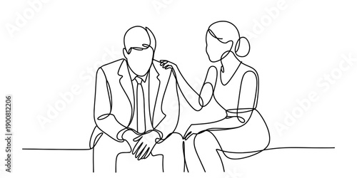 Continuous line drawing of a woman comforting a sad man in a suit, symbolizing emotional support and empathy Vector, illustration