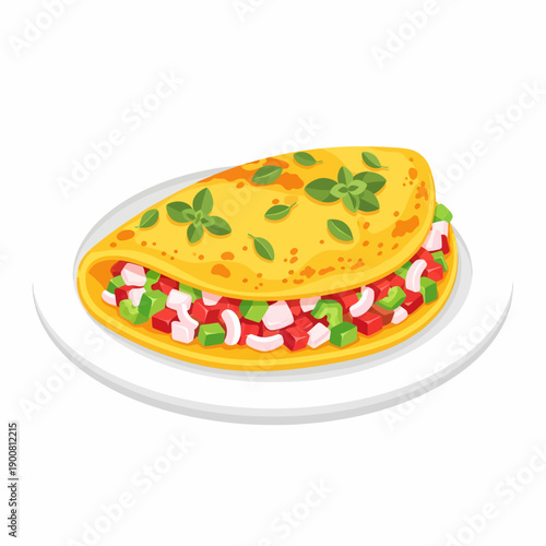 A vibrant illustration of a delicious omelette with fresh vegetables on a clean white plate viewed from a slight angle