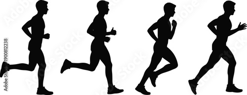 Silhouette sequence of male runner in motion showing running and jogging poses, fitness training concept, athletic exercise illustration isolated on white background