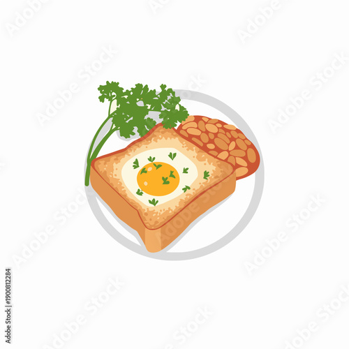 A delicious breakfast scene featuring toast, egg, and sausage on a plate, garnished with parsley, viewed from directly above.