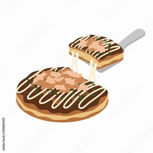 A delicious okonomiyaki illustration being sliced on a clean background from a top-down viewpoint