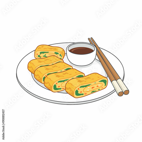 A plate of egg rolls served with dipping sauce and chopsticks, on a white plate, viewed from above