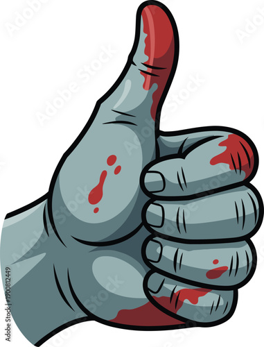 Zombie thumbs up hand illustration with bloody details, cartoon horror style graphic symbol for Halloween themes, undead approval gesture, spooky vector isolated on white