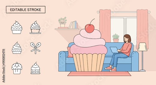 Woman working on laptop on sofa with giant cupcake and smaller treats