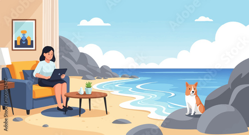 Woman working on laptop on couch with dog on beach beside ocean