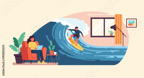 Woman works on laptop while surfer rides wave indoors