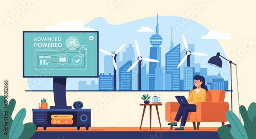 Woman works on laptop with wind turbines and futuristic city backdrop