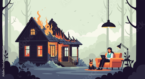 Woman calmly works on laptop beside burning house with dog