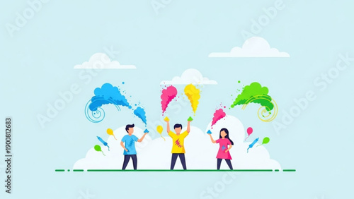 Three people standing on green line holding colorful paint splatters in the air with clouds and blue sky background