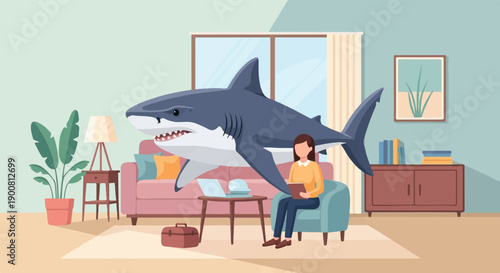 Woman calmly works on laptop while a large shark looms in her living room