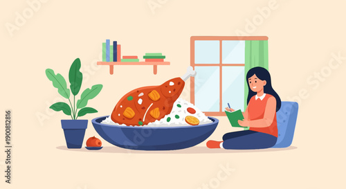 Woman enjoys large meal while writing in notebook near window