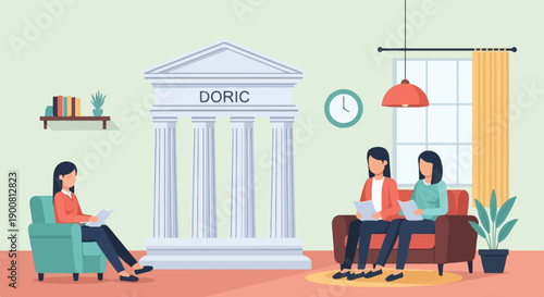 Women in minimalist style room with classical architecture