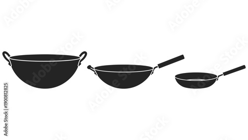 Three black woks of different sizes on a white background