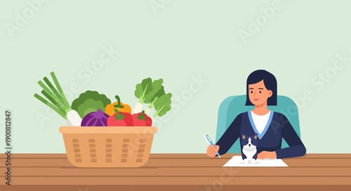 Woman at desk with cat and basket of fresh vegetables