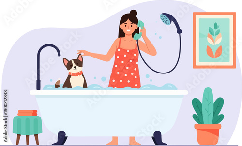 Woman gives dog a bath while talking on phone