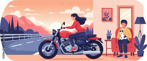 Woman rides a motorcycle on a scenic road, man relaxes at home with cat