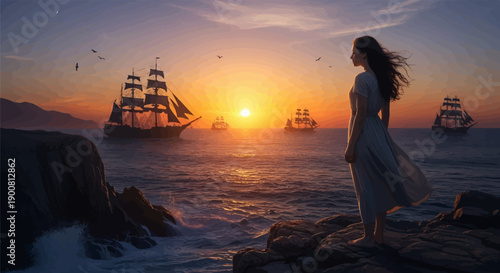 Woman gazes at sailing ships on the sea at sunset