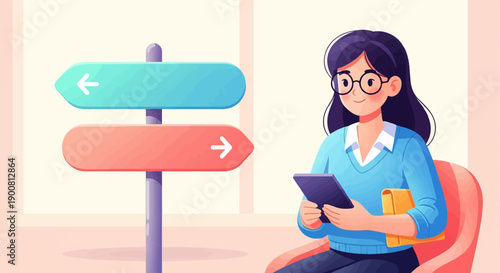 Woman at crossroads, holding a tablet, with a directional signpost