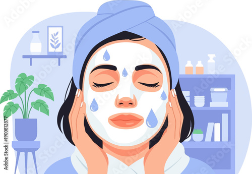 Woman applying facial mask, with skincare products and plant in background