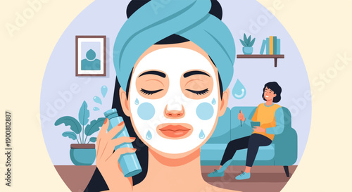 Woman applies face mask, another woman relaxes on sofa