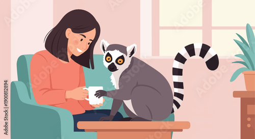Woman and lemur relax indoors with drinks and plants