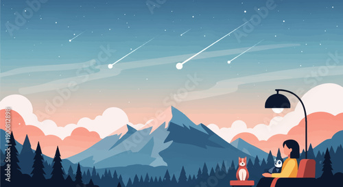 Woman and pets watch shooting stars from couch with mountain backdrop