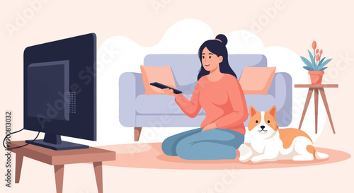 Woman and dog relax on floor watching television at home