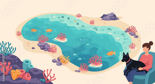 Woman holding dog gazes at a tranquil beach scene with fish and coral