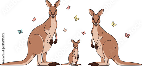 Family of brown kangaroos with a small joey and colorful butterflies
